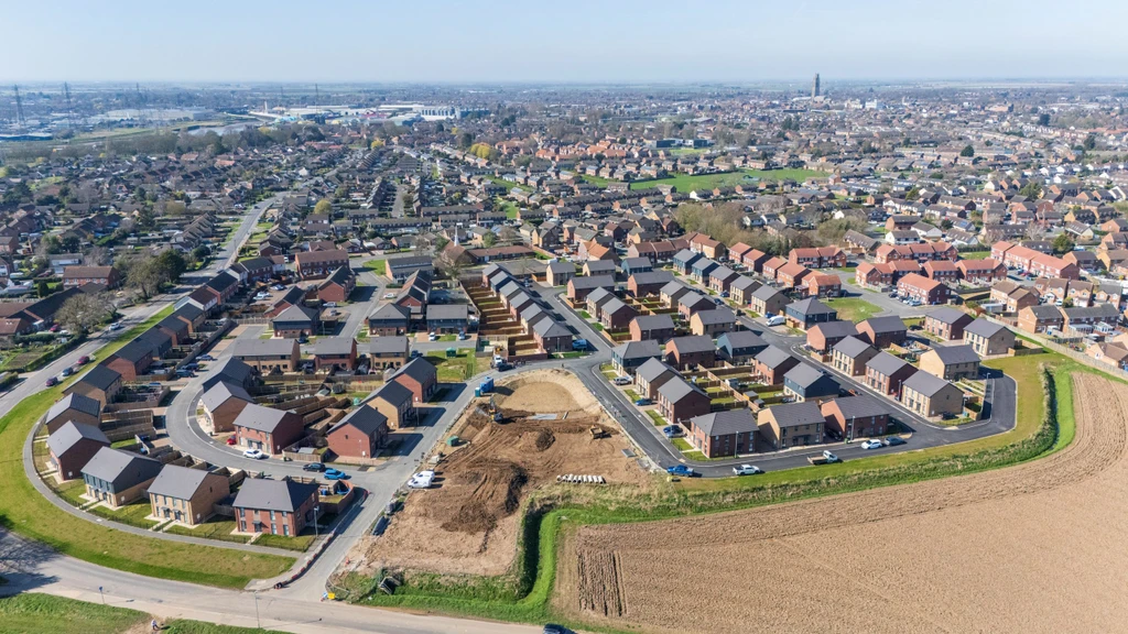 An aerial view of a new build housing estate.
