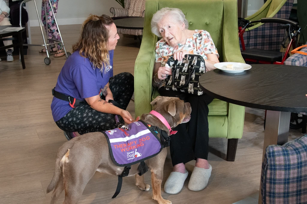 Sally, Pudgy's owner, introduces Pudgy to one of the residents at Chamomile Gardens