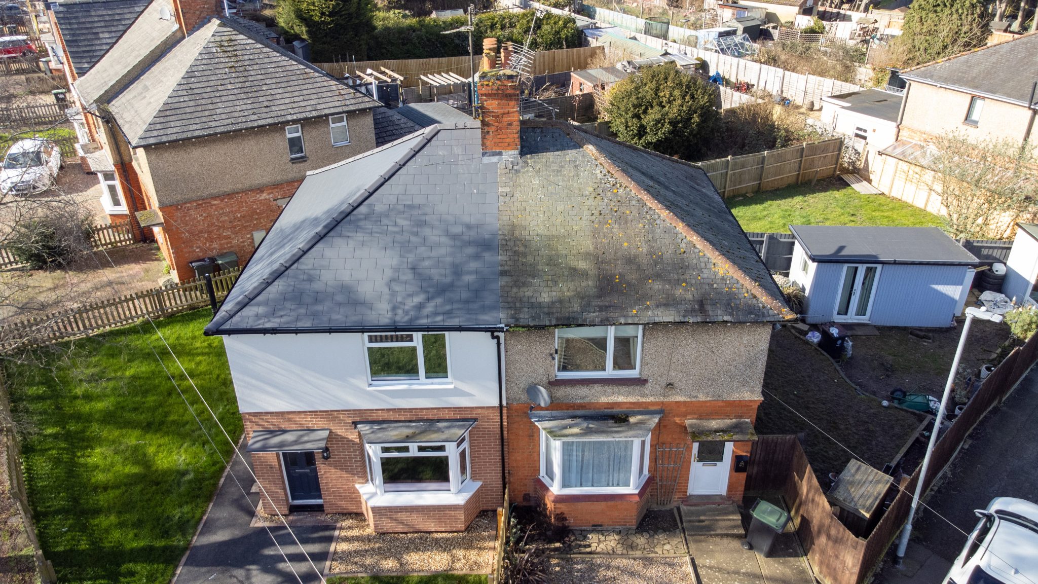 An overhead view of two neighbouring homes in Rushden - the one on the left having been improved and upgraded